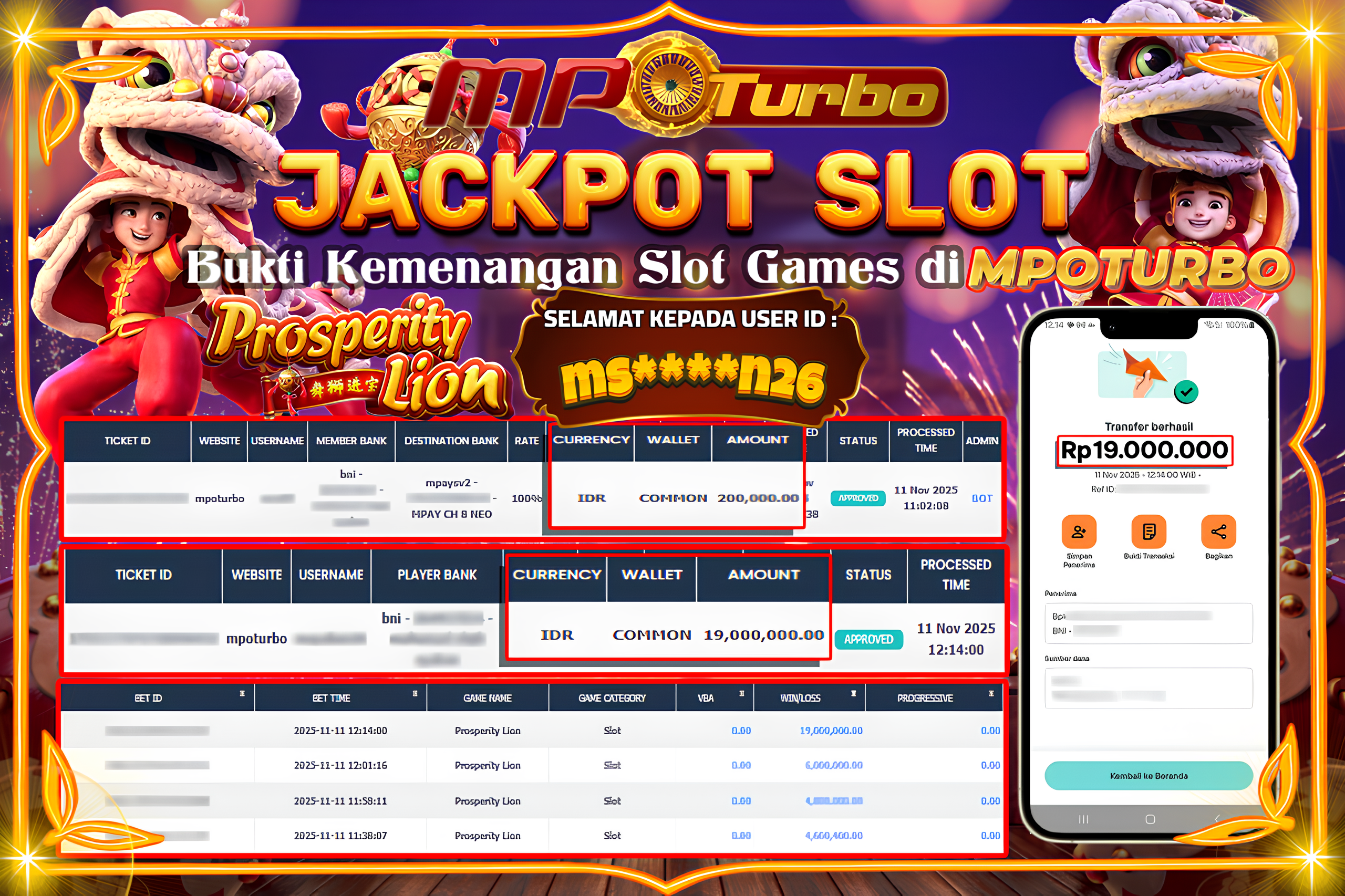MPOTURBO JACKPOT PROSPERITY LION - PG SOFT Rp 19,000,000.00,- LUNAS